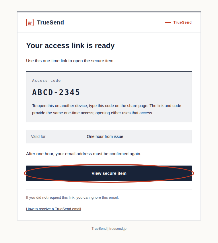 Open the new TrueSend email. Press “View secure item.” Using the link in this new email confirms your email address.